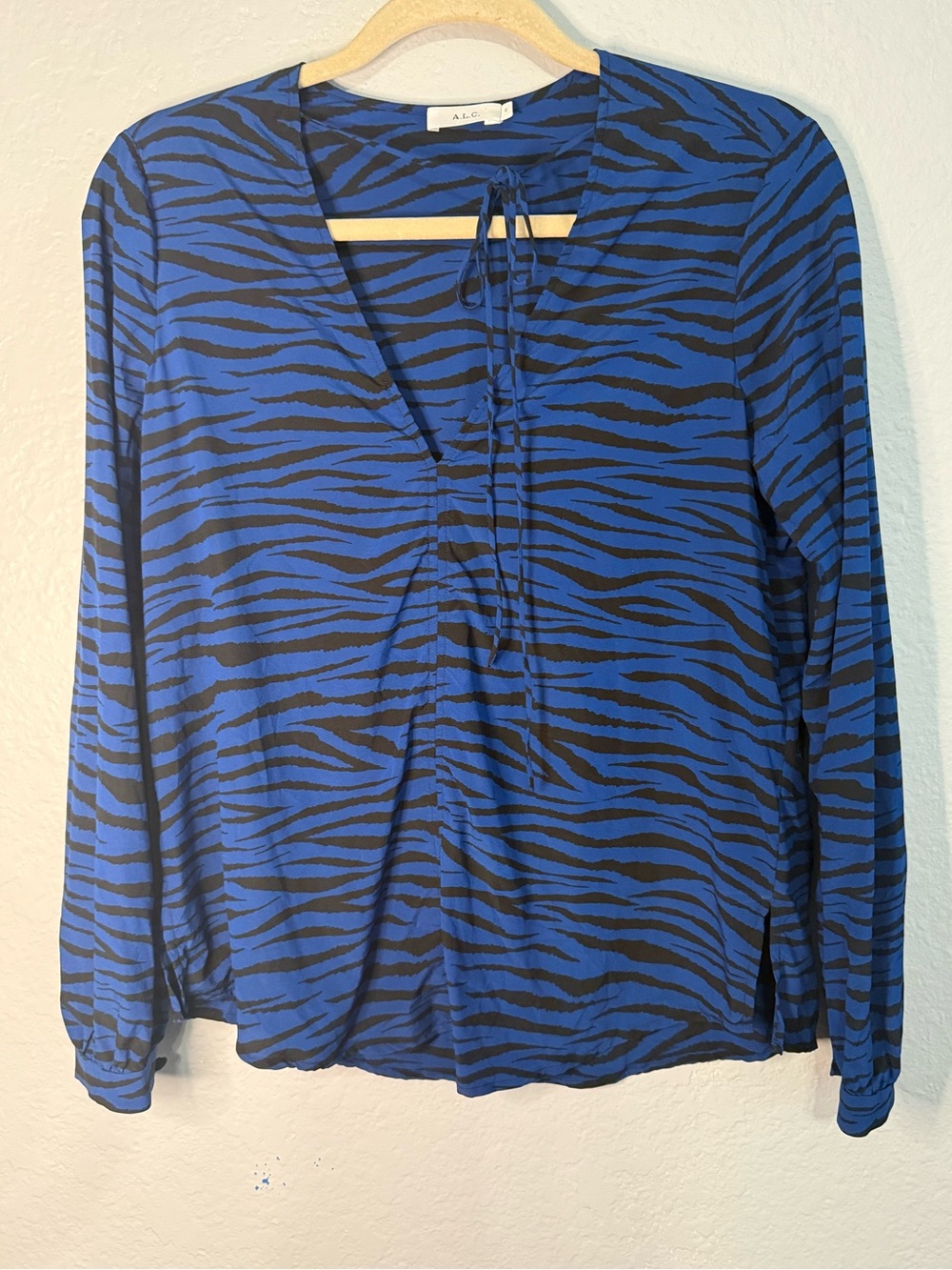 A.L.C. Royal Blue and Black Zebra-Print Long Sleeve Tie-Neck Blouse